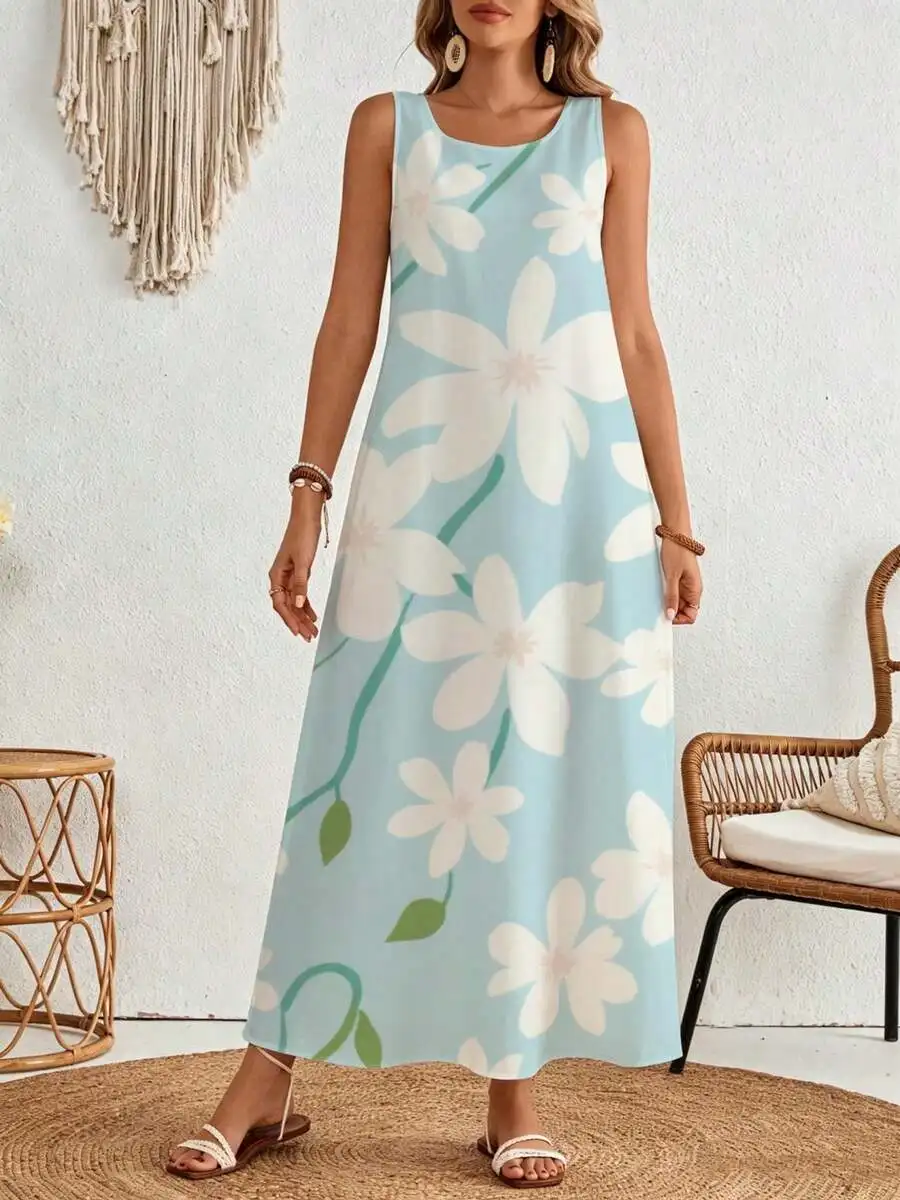 

Floral Print Sleeveless Maxi Dress Light Blue White Summer Beach Vacation Wear