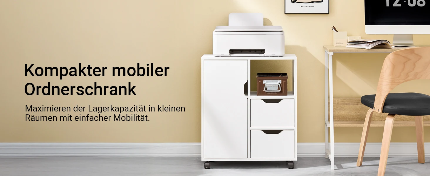 SoBuy FBT105-W Druckertisch mit 2 Schubladen und 1 Tür Aktenschrank Rollcontainer Bürowagen Beistellwagen Bürocontainer weiß – Detail 5