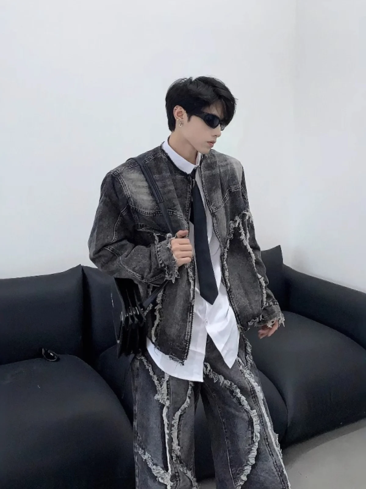 

Tassel Trim oulder Pad Unlined Zipper Collarl Denim Jaet Loose Wide Leg Jeans Men's American High Street Sle