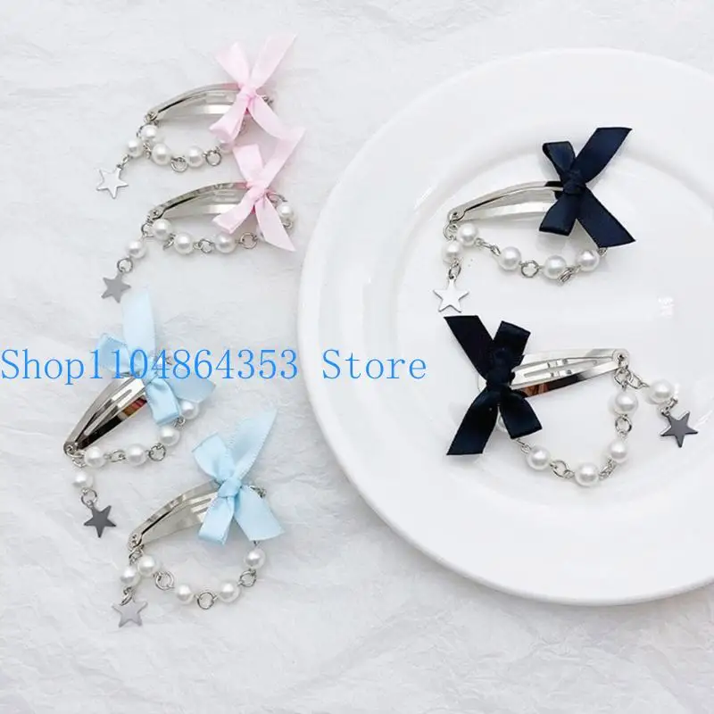 652F Stylish Star Hair Clip Decoration Lovely Chain Hair Clip with Star Pendant Beautiful Bowknot Hair Pin Accessory