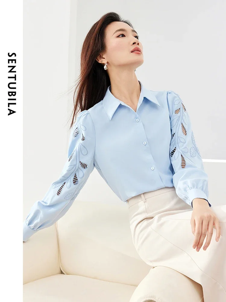 SENTUBILA Hollow Out Embroidery Blue Shirt for Office Ladies 2024 Spring Elegant Lapel Single Breasted Women Blouses M43C57362X