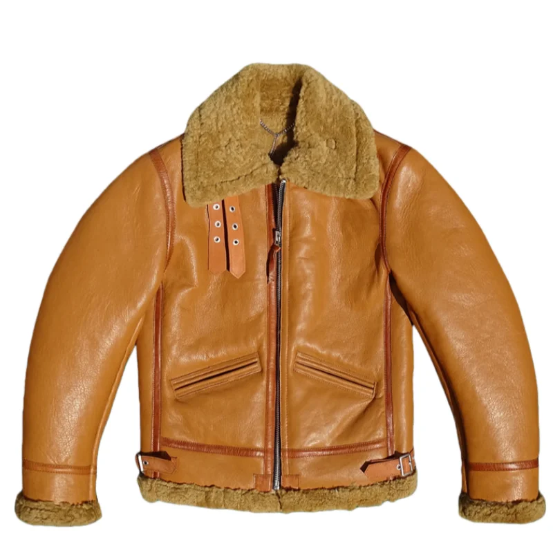 Orange Winter Shearling Jacket Men Retro Style Plus Size 5XL Genuine Natural Thick Sheepskin Turn-Down Collar Warm Flight Coat
