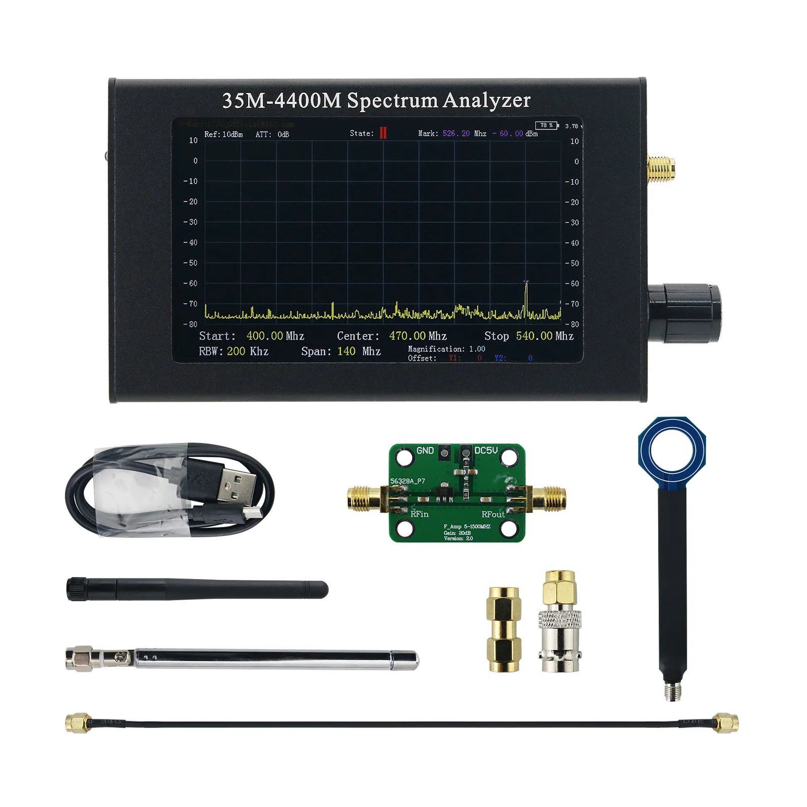 EMC Testing Version 35Mhz - 4400MHz Handheld Portable Spectrum Analyzer with 4.3-inch TFT LCD Screen with Gain Block and Probe