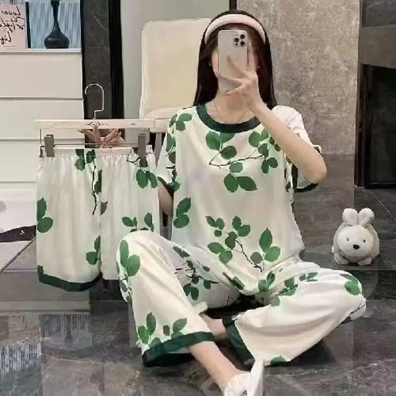 Pyjama d'été en soie de lait pour femmes, ensemble trois pièces, vêtements de maison mignons et doux, nouveau