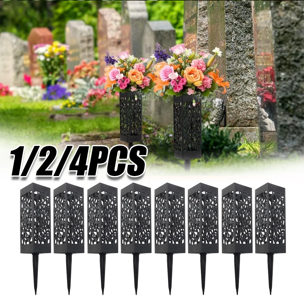 Memorial Cemetery Vases with Stake Grave Flower Holder Outdoor Tombstone Decoration Artificial Flowers for Graves