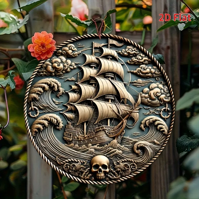2D Pirate Ship Aluminum Sign Round Metal Wall Art Nautical Home Decor