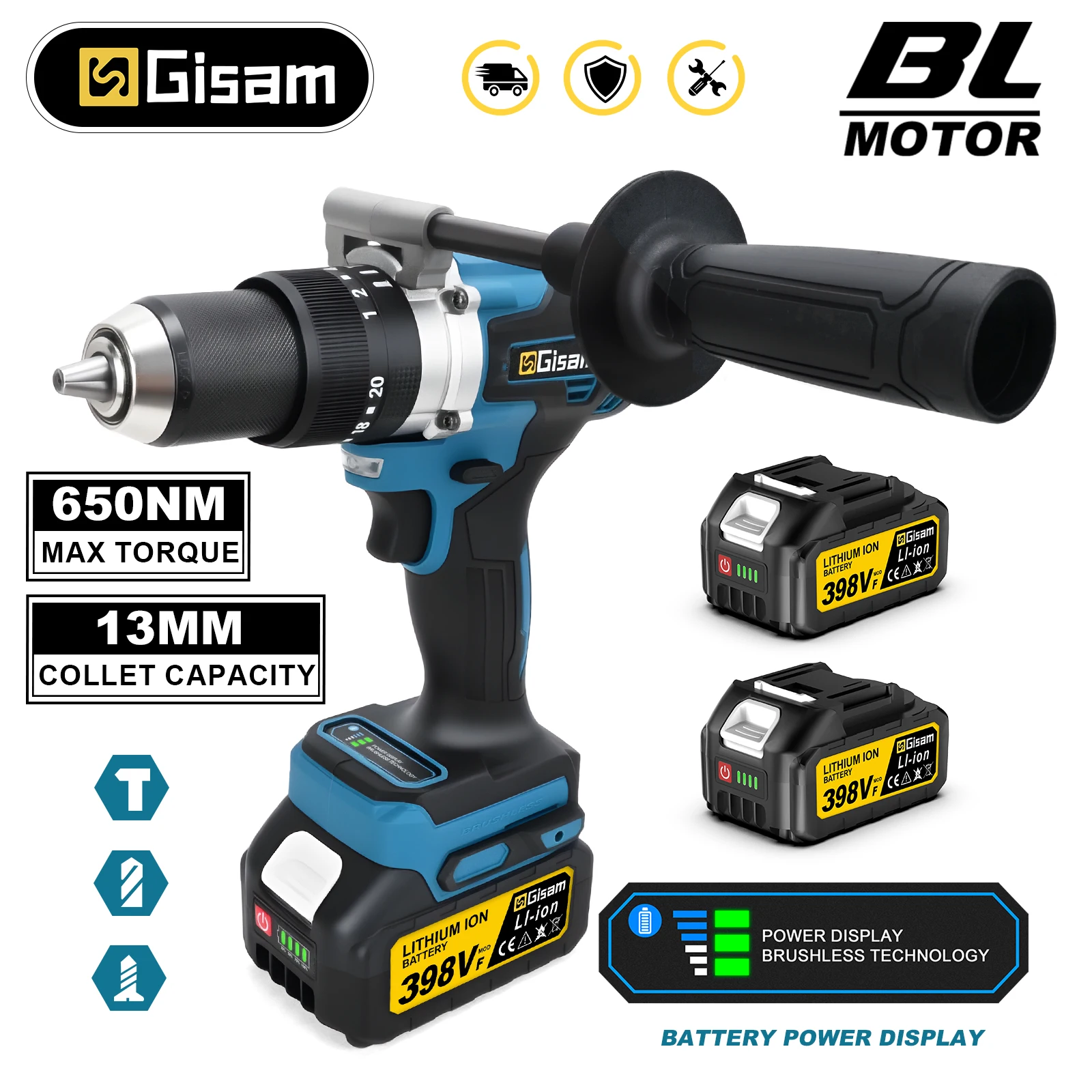 Gisam 650NM 13MM Brushless Electric Drill 20+3 Torque Cordless Impact Drill Electric Screwdriver For Makita 18V Battery Pin