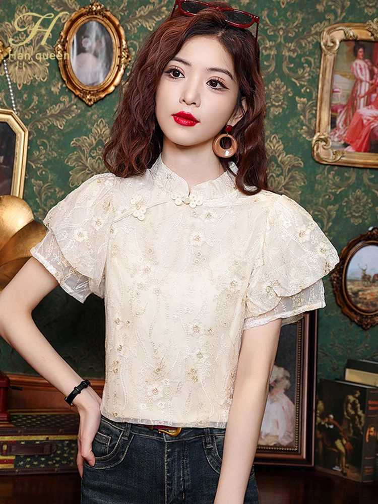 H Han Queen Summer Simple Elegant Embroidery Lace Blouses Womens Korean Loose Casual Vintage Short Sleeve Shirts OL Office Tops