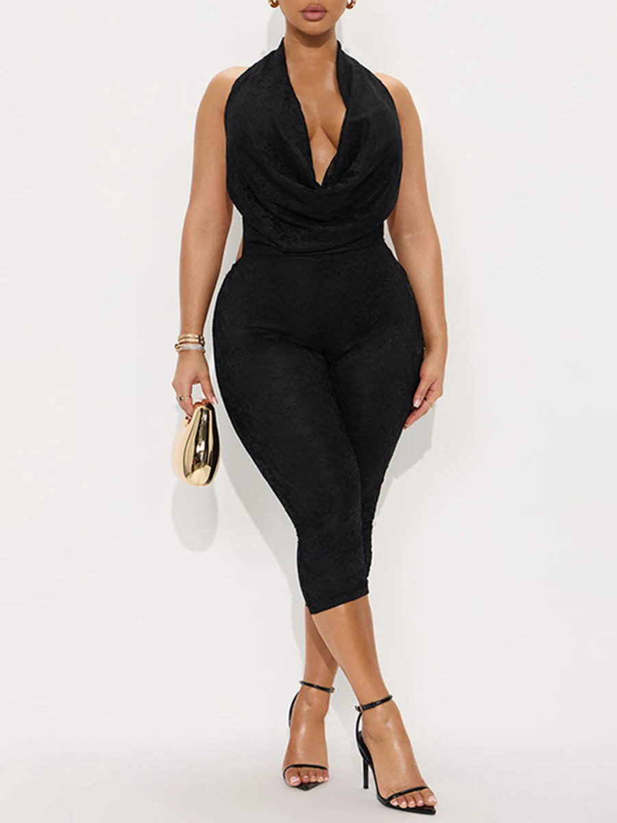 ZIML Solid Spliced Lace Tunic Slimming Jumpsuit for Women Halter Sleeveless High Waist Temperament Jumpsuit Female Fashion Style