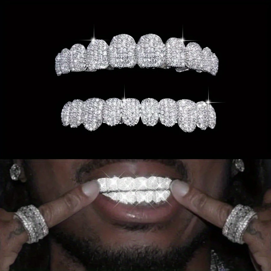 2pcs/Set Hip Hop Men's Cubic Zirconia Teeth Grillz, 20 Top And Bottom Rapper Punk Style Personality Female Grills Jewelry