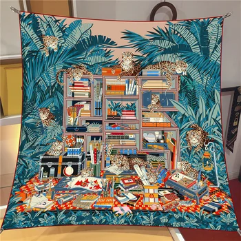 90 ซม.ยี่ห้อ Luxury Twill ผ้าพันคอผ้าไหมผู้หญิงเสือดาว Jungle Library Wrap ผ้าคลุมไหล่ผ้าคลุมไหล่ Hijab Lady Square Foulard ผ้าพันคอ