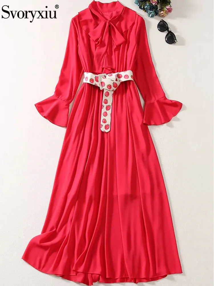 

Svoryxiu Fashion Designer Autumn Red Color Elegant Floor-Length Dress Women's Flounces Sleeve Raspberries Belt Big Swing Dress