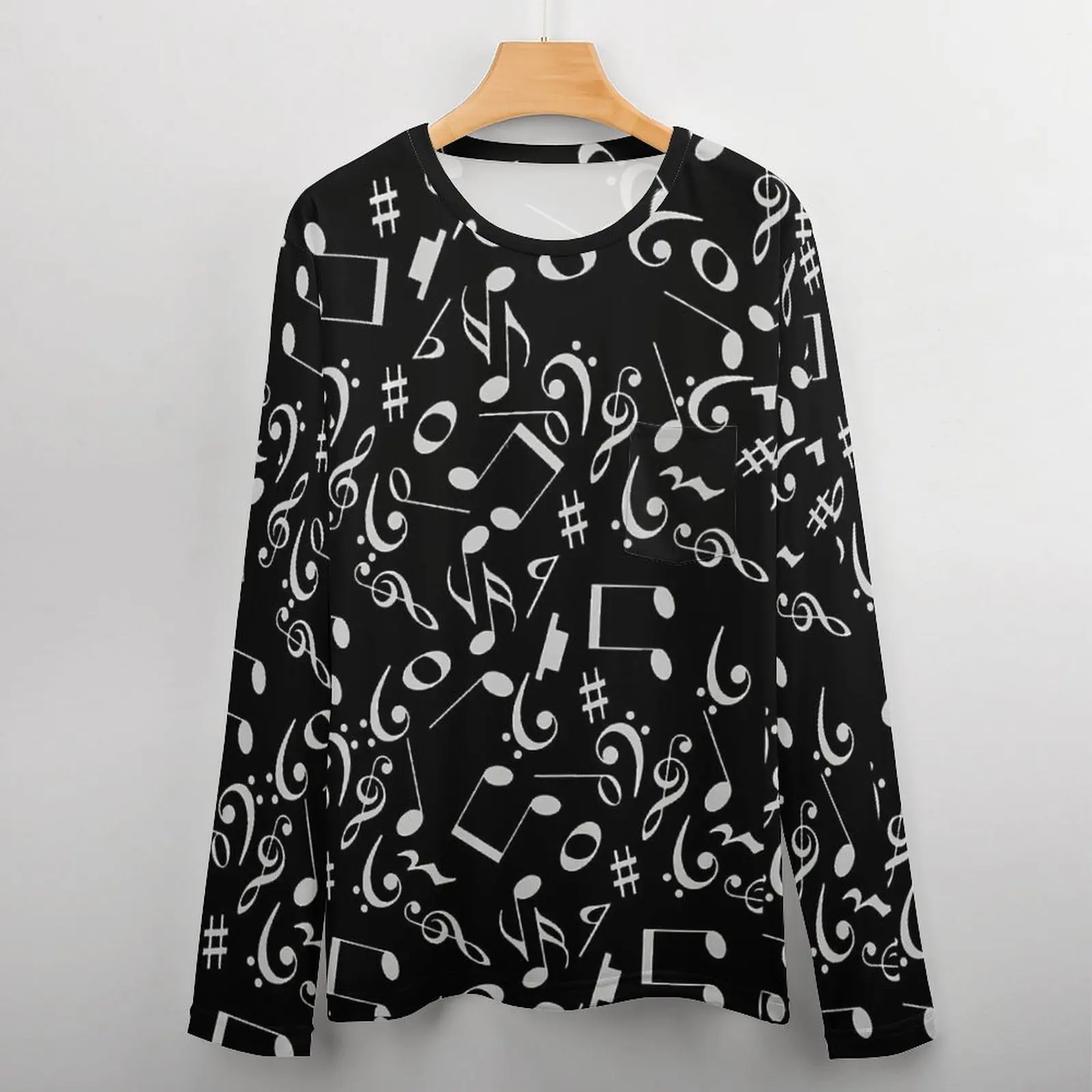 Music Note T Shirt White And Black Fashion T Shirts With Pocket Long Sleeve Graphic Tops Spring Basic Big Size Tees image 4