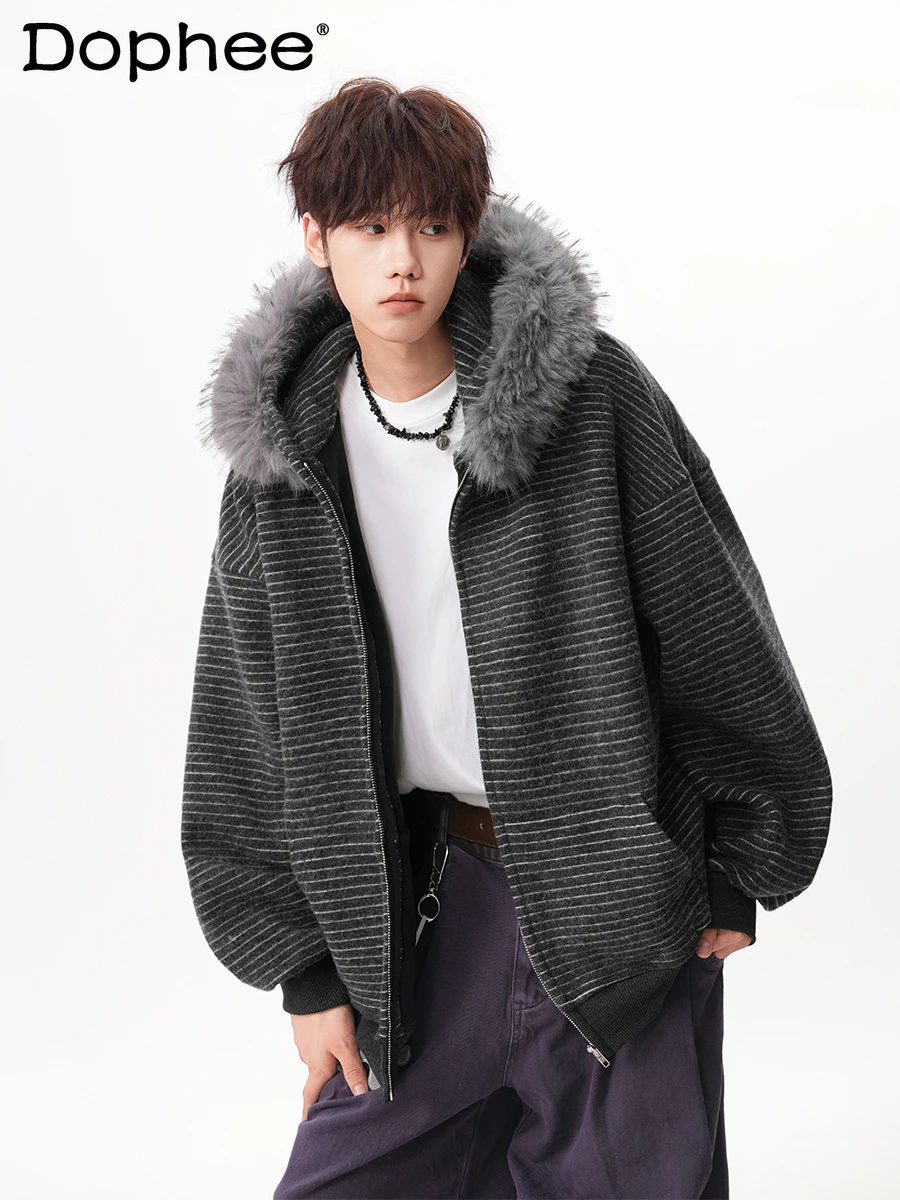 American High Street Fashion Trend Fur Collar Fleece-Lined Hooded Sweatshirt Youth Popular Winter Loose Warm Coat for Men