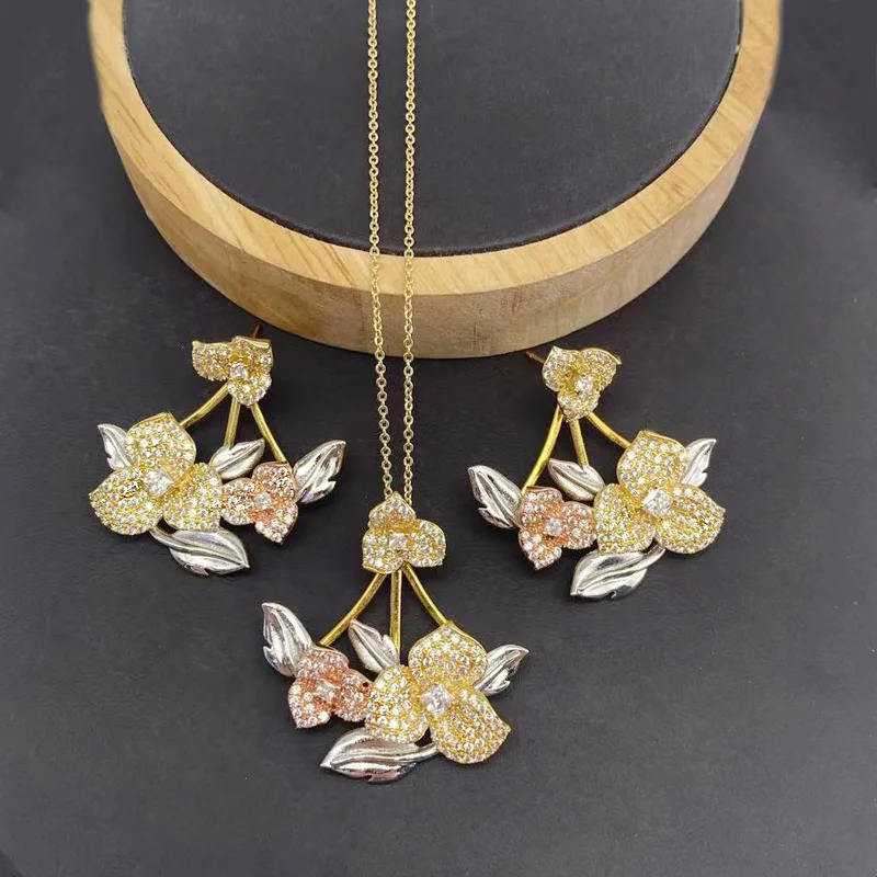 Vanifin Necklace with Earrings Exquisite 3 Petal Flower Micro Inlay Zirconia For Woman Banquet Luxury Best Gift Jewelry