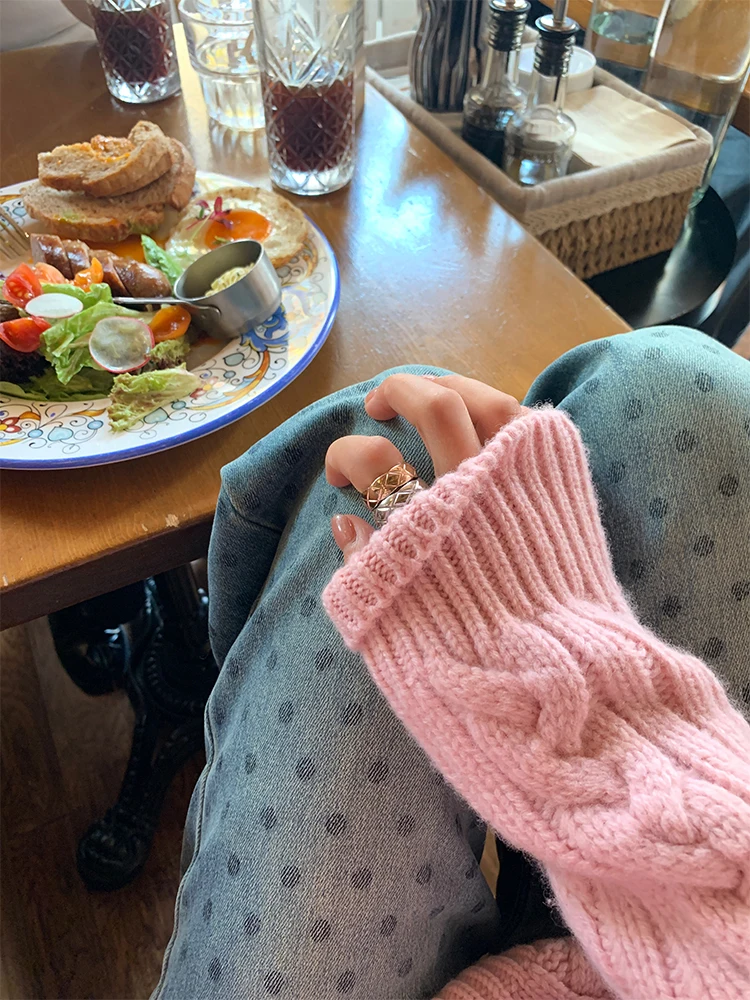 Women's Knitted Sweater 2025 New Winter Loose Woolen Yarn Twist Small Size Pink Sheep Wool Warmth Long Sleeve round Neck Top