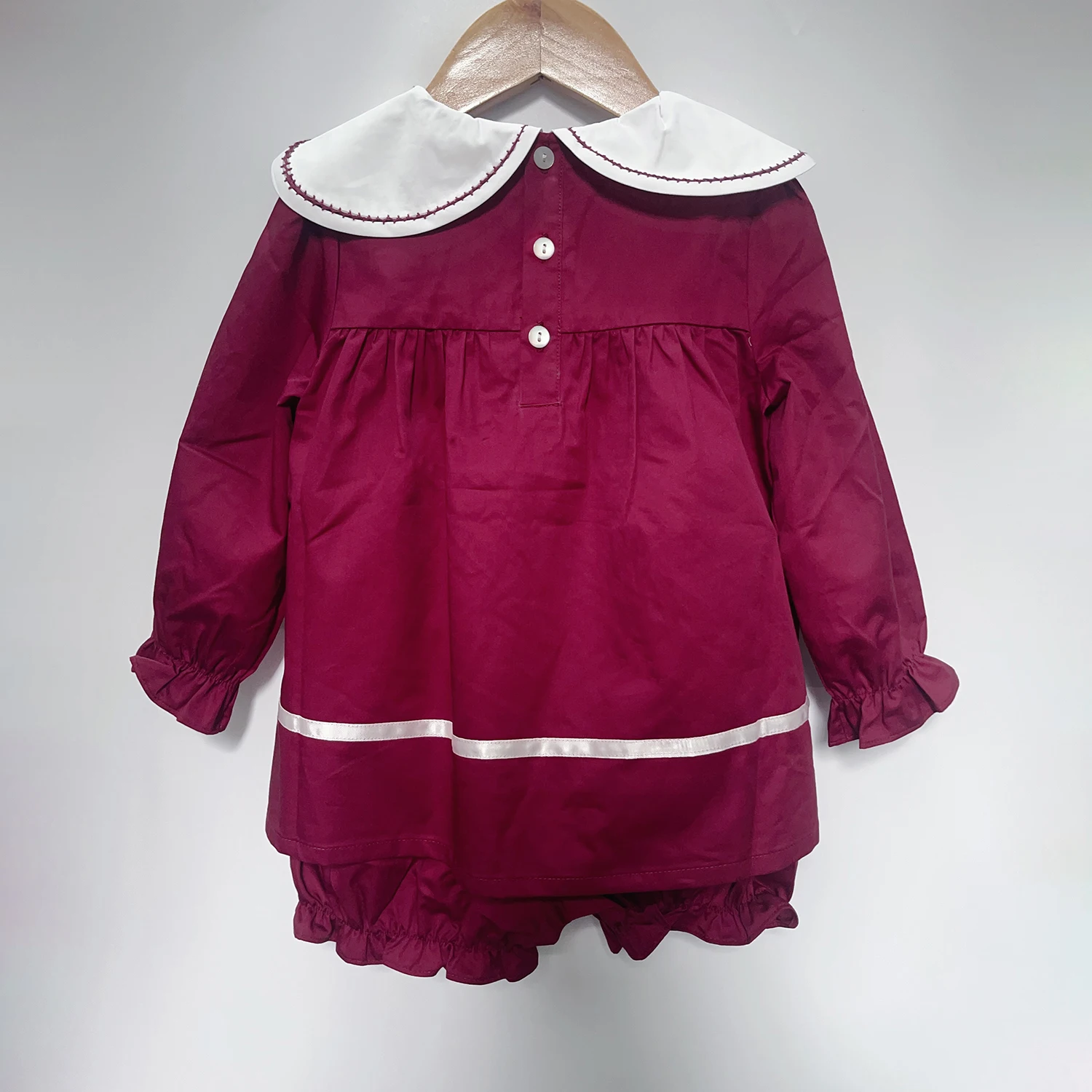 Girls Petal Collar Suit Burgundy Cotton Long-sleeved Top And Shorts Spring Autumn Christmas cute Children\'s Boutique Clothing