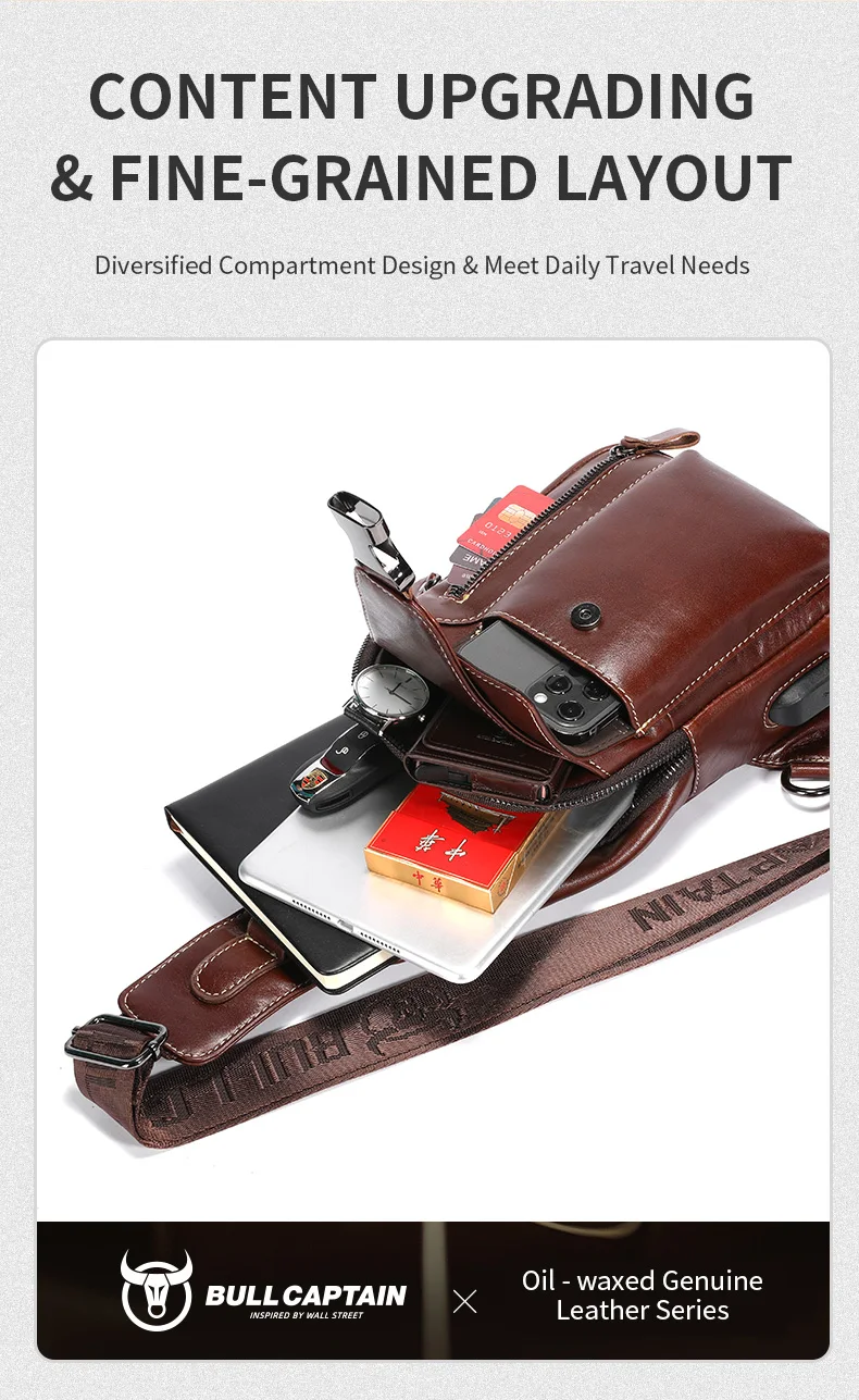 BULLCAPTAIN Echtleder Sling-Rucksack für Herren USB-Ladeanschluss Brusttasche Crossbody Schultertasche Lässiger Tagesrucksack für Arbeit und Reisen – Detail 6