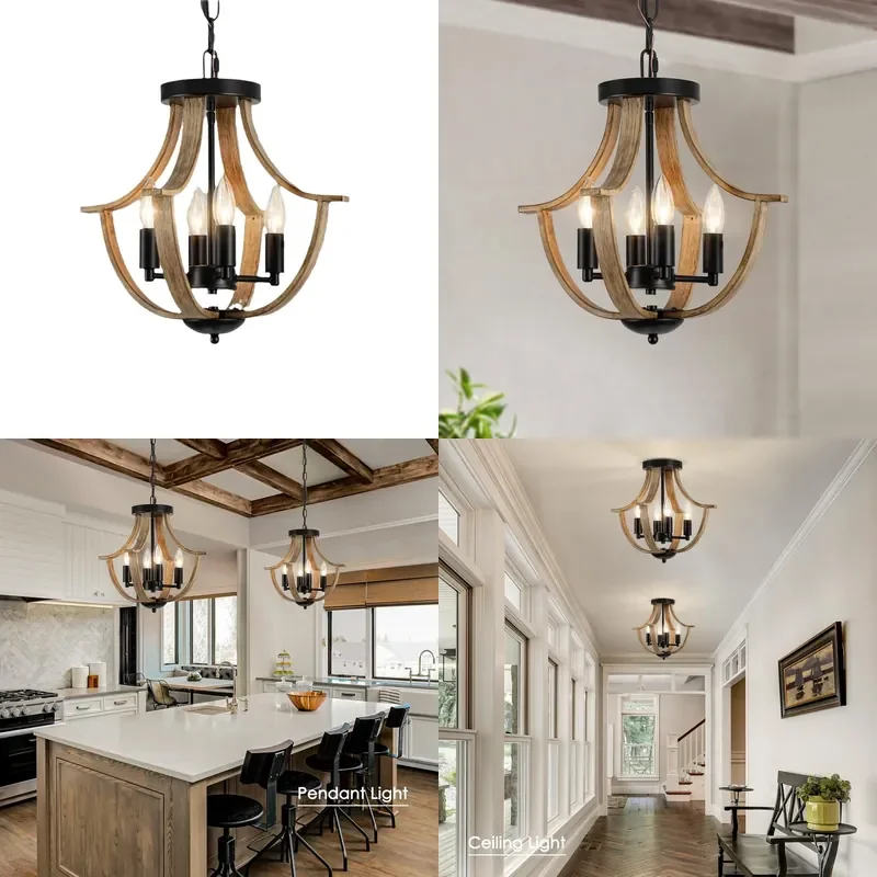 Retro Wood Grain Farmhouse Chandelier Dual Purpose Bedroom Island Pendant Light Platform Suction Ceiling Fixture