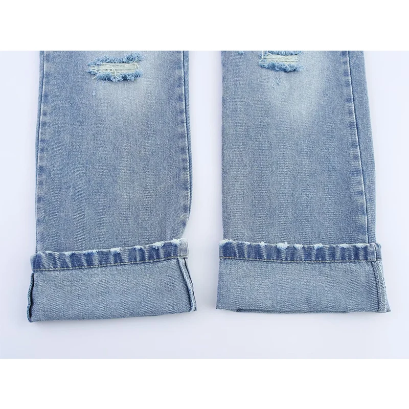 YENKYE nueva moda mujer americano Retro con bolsillos pantalones vaqueros rasgados rectos de tiro medio 2025 pantalones vaqueros