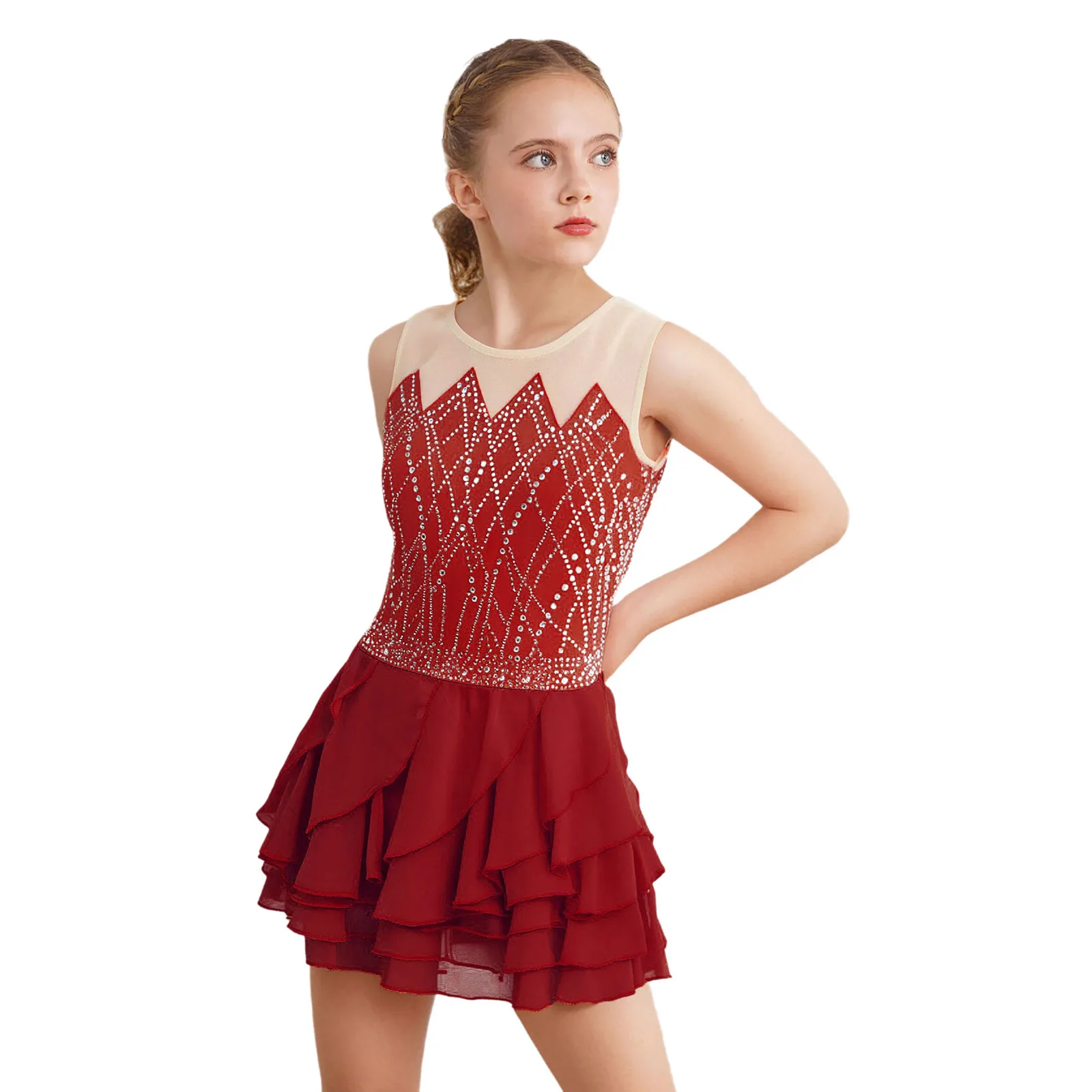 

Kids Girls Jazz Lyrical Dance Dress Round Neck Sleeveless Shiny Rhinestones Artistic Jazz Latin Dresses Contemporary Dancewear
