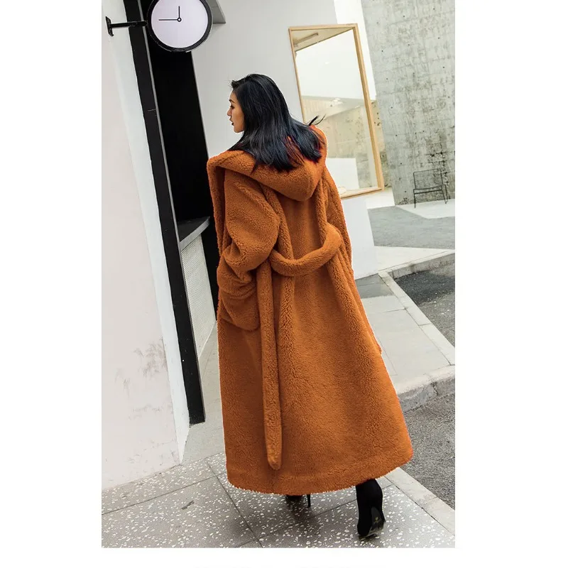 New Women Fur Coat 2025 Autumn Winter Hooded Lace Up Imitation Fur Jacket All Match Thickened Loose Long Faux Fur Overcoat