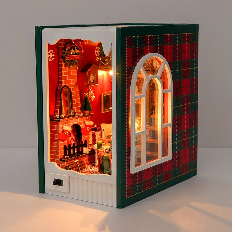 Kit de inserción de estante de rincón de libros de madera, Kits de modelos en miniatura con muebles, estantería, sujetalibros para diario de Navidad, regalos para amigos