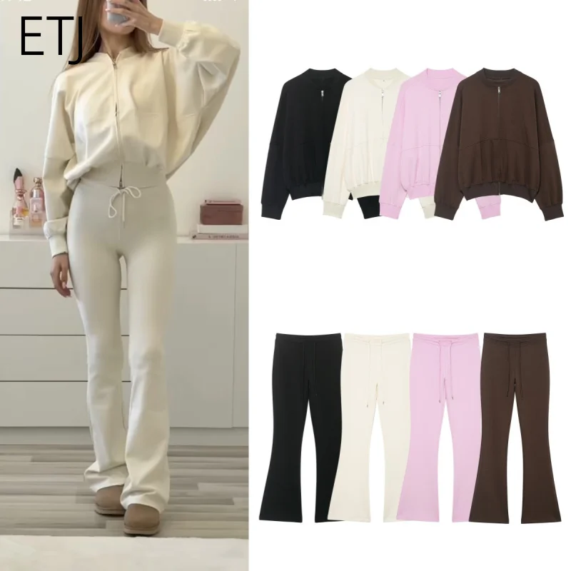 

ETJ 2025 женская новая повседневная спортивная куртка-бомбер с круглым вырезом и расклешенные брюки с высокой талией