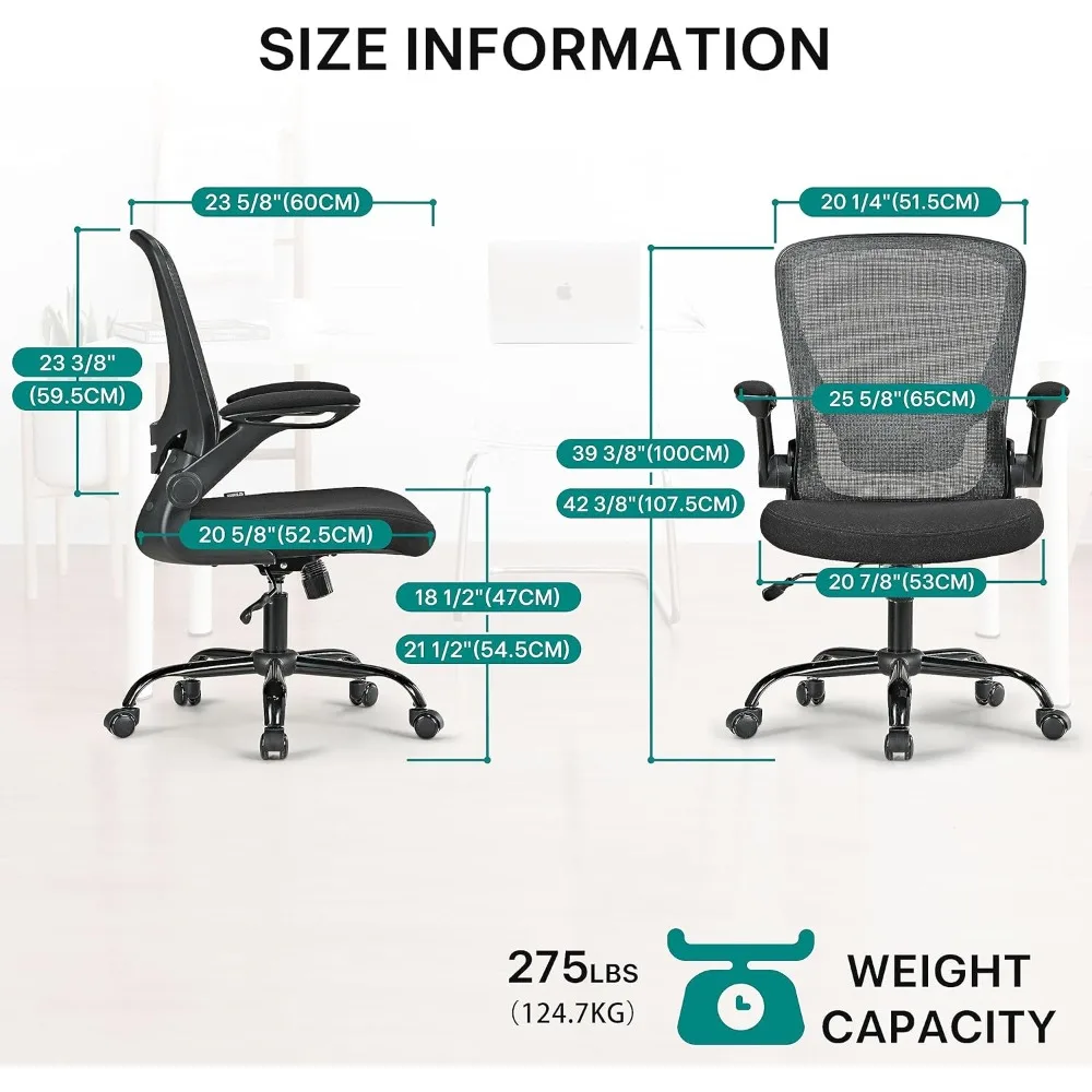 كرسي مكتب شبكي مريح من EUREKA، كرسي مكتب مريح مع دعم قطني قابل للتعديل، كرسي للمكتب - مساند للذراعين قابلة للطي، Brea