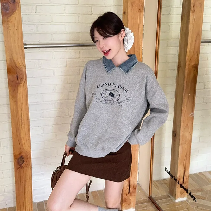 レディース フェイクツーピース パーカー 韓国風 ポロ襟 長袖 ゆったり 厚手 暖かいトップス グレー 漫画プリント 秋冬 カジュアル ファッション
