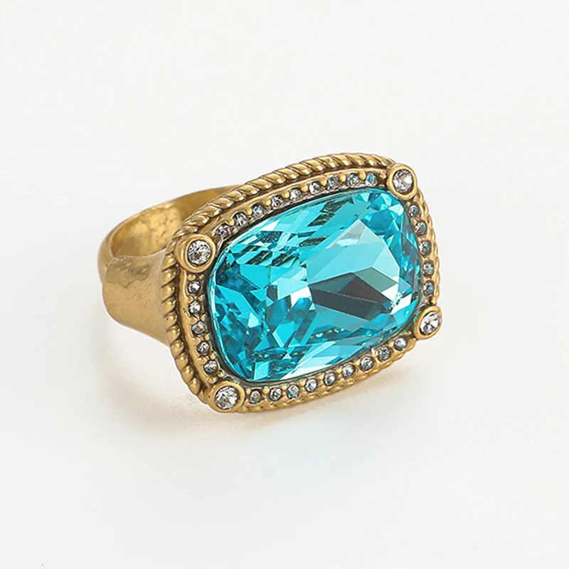 Vintage Sea Blue Rectangular Crystal Ring Gold Color Luxury Design Antique with Rhinestones Copper Jewelry Accessories for Women