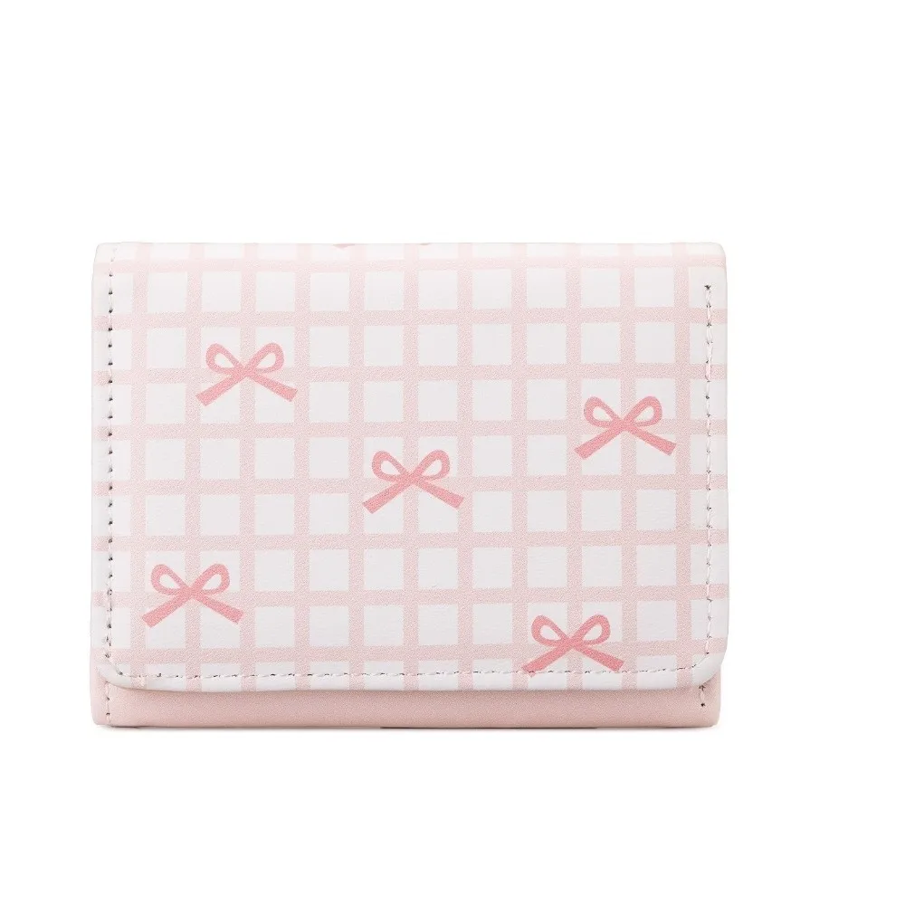 Portable PU Leather Short Wallet Multi Card Slot Grid Bow Print Card Holder Foldable Credit Card Holder