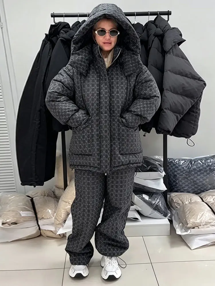 Print Zipper Hooded Women's Cotton Suits Elastic Waist Pants Loose Full Sleeve High Street 2026 Winter Fashion Casual Sets