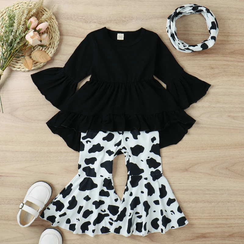 Cute Cartoon Cow Head Print Outfit for Toddler Girls Long Sleeve Top + Flare Pants + Headband Set 3 PCS 1-4 Years