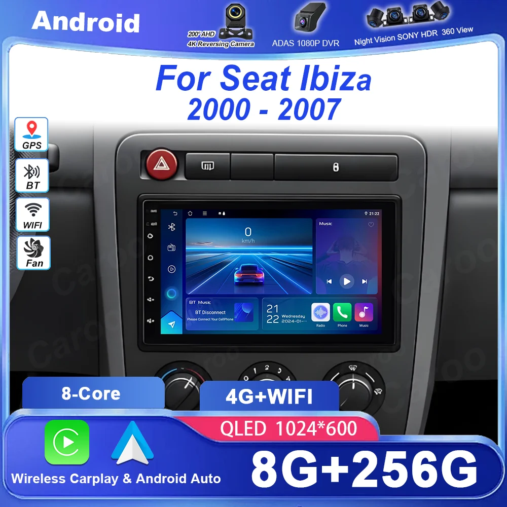 Rádio Automotivo Android 16 de 7 polegadas para Seat Ibiza 2000 - 2007 com Carplay sem fio, Google Maps, câmera traseira, sem DVD 2 DIN, 4G, DSP e Bluetooth.