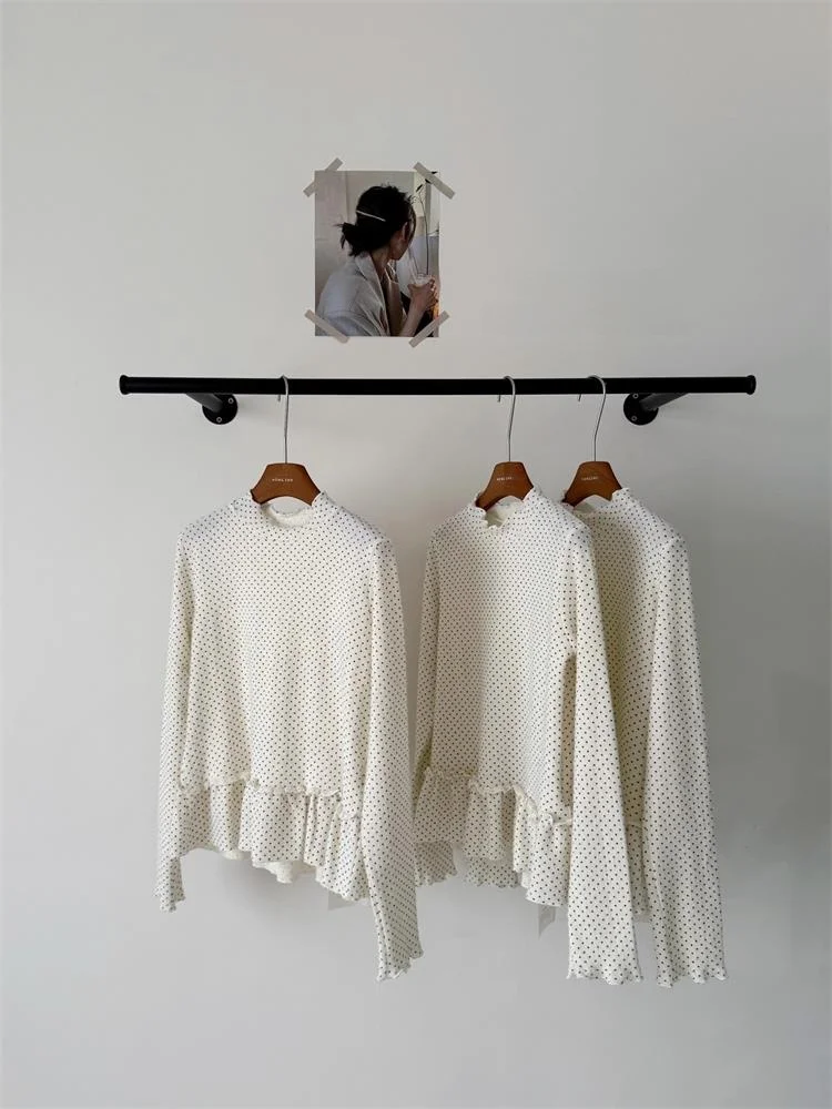 

Women's Long Sve f High Collar Polka Dot Base irt Spring Summer Autumn New Sle Lace Trim T-irt Korean Sle Strai...