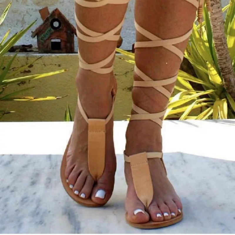 2023 New Gladiator Women Flat Sandals Ladies Clip Toe Cross Strap Thong Sandals Shoes Woman Beach Free-binding Sandalen Dames