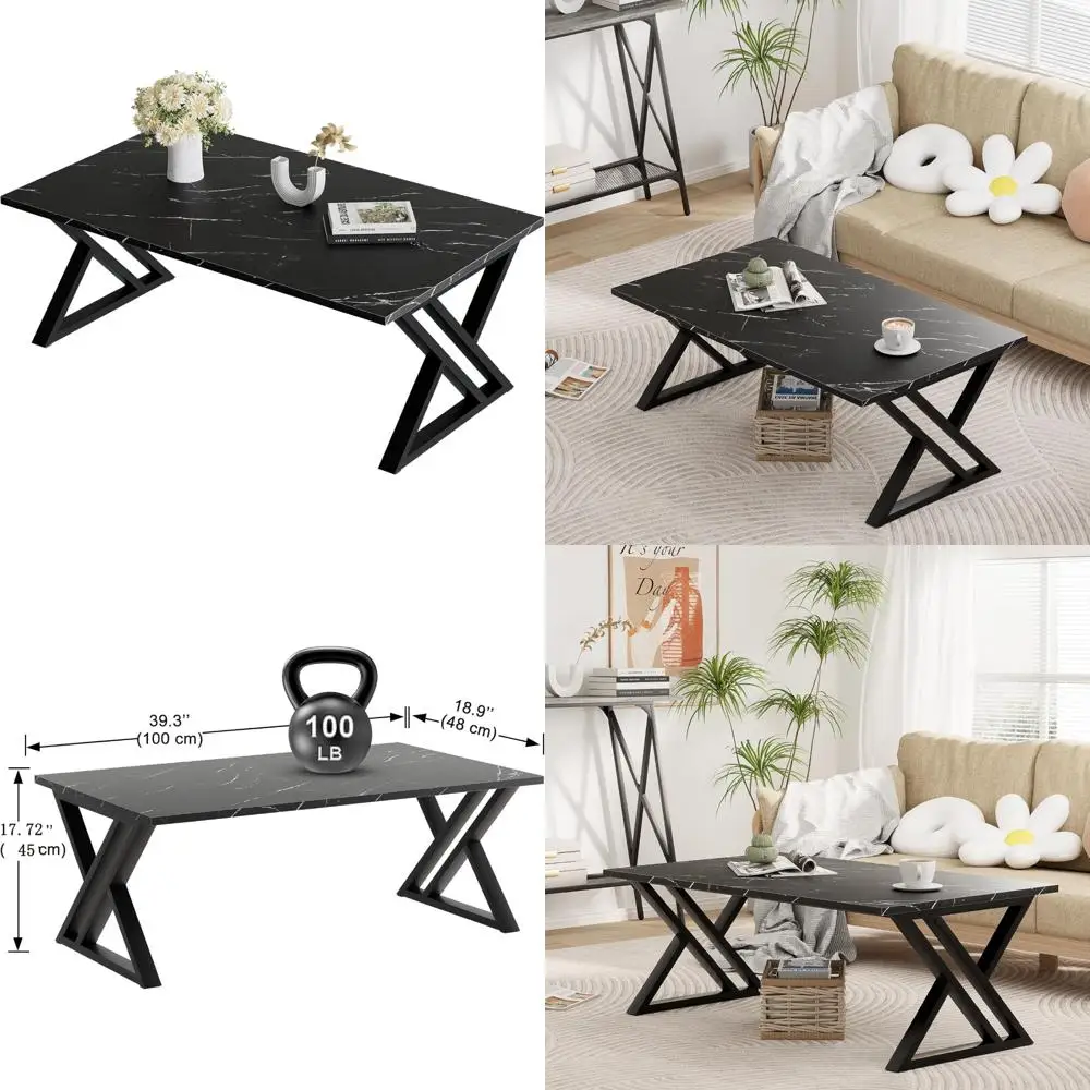 

Modern Rectangular Faux Marble Coffee Table, Sturdy Black Centerpiece for Living Room, Simple Elegant Design