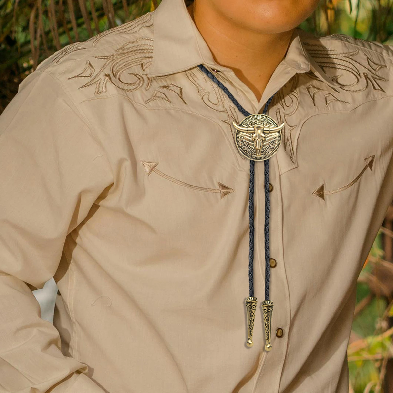 Vintage Bull Head Anhänger Schwarz Leder Seil Krawatte Western Cowboy Bolo Krawatte für Männer Frauen Halskette Zubehör Einstellbar – Detail 9
