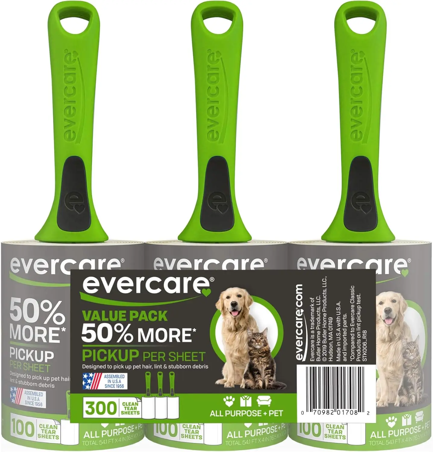 

Pet Hair Lint Roller, 100 Sheets Per Roll, 3-Pack, Reusable Sticky Roller for Furniture, Clothing & Car, Green
