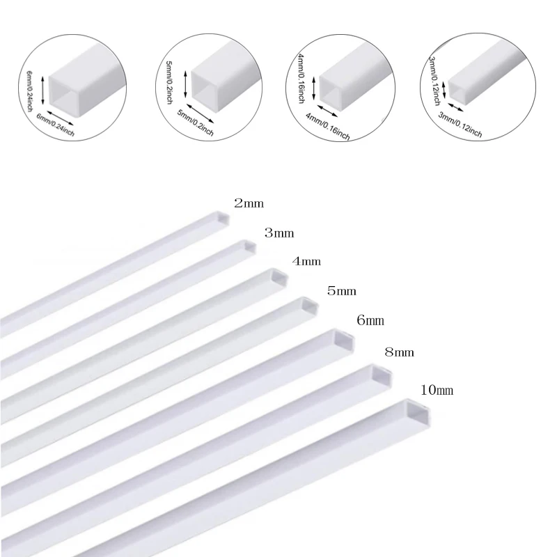 5/10pcs White ABS Square Plastic Pipe Tube Hollow Pipe for DIY Architecture and Building OD 2/3/4/5/6/8/10mm x Length 500mm