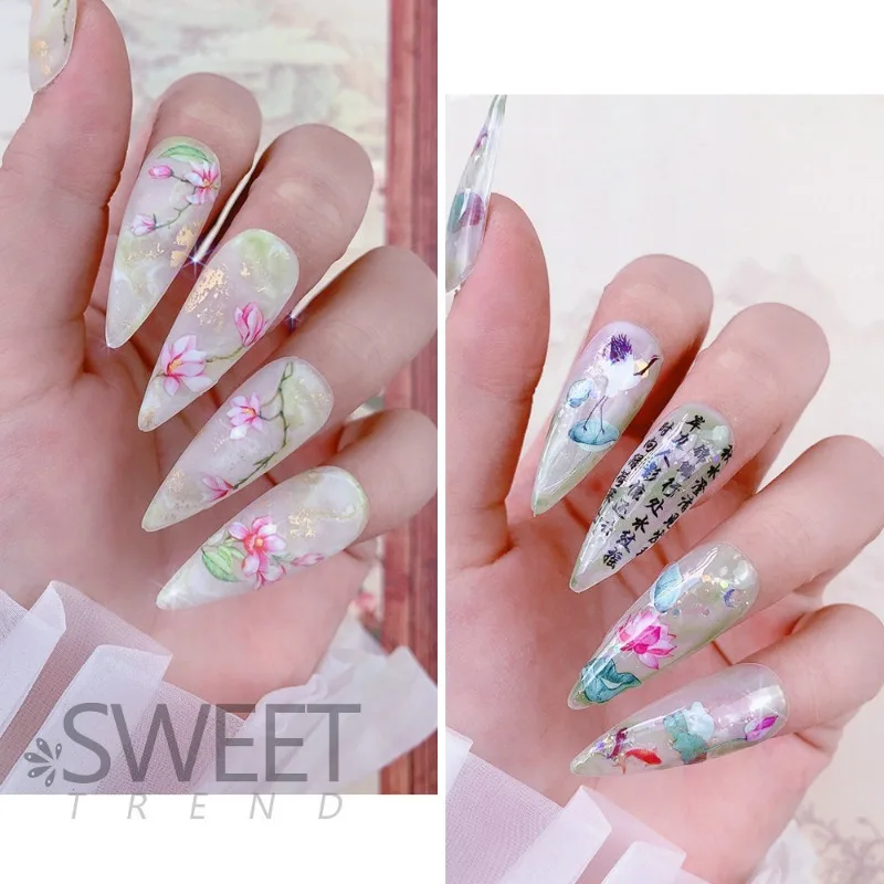 3D Gold Fish Nail Stickers Lucky Koi Vivid Lotus Chinese Ink Painting Sliders for Manicure Adhesive Design DIY Accessories Foils