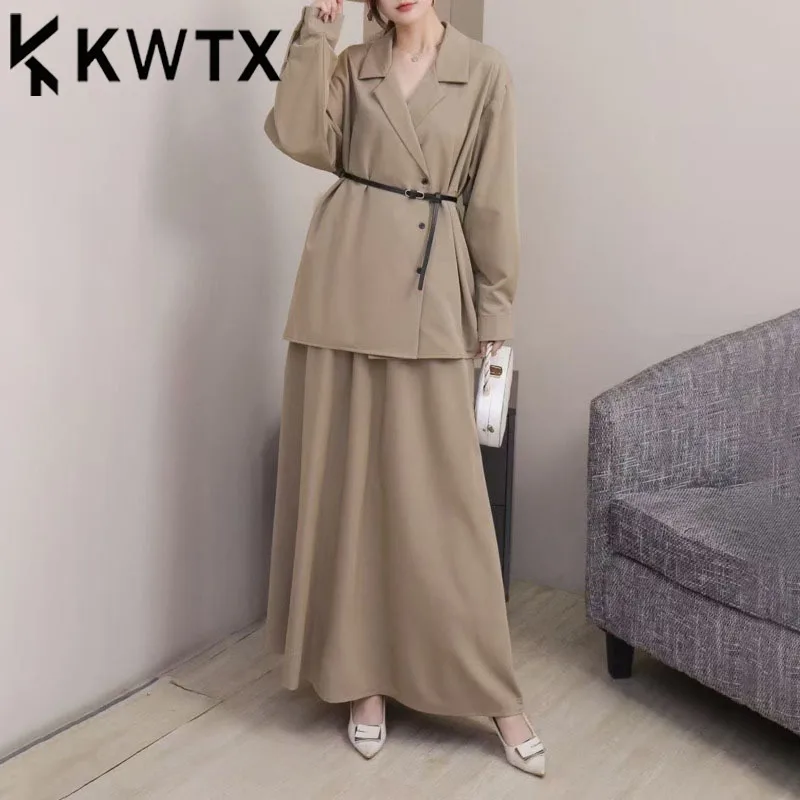 

KWTX Spring Summer 2025 Elegant 2 Piece Set Belted Lapel Buttoned Top High Waist Skirt Minimalist Premium Casual Chic Solid