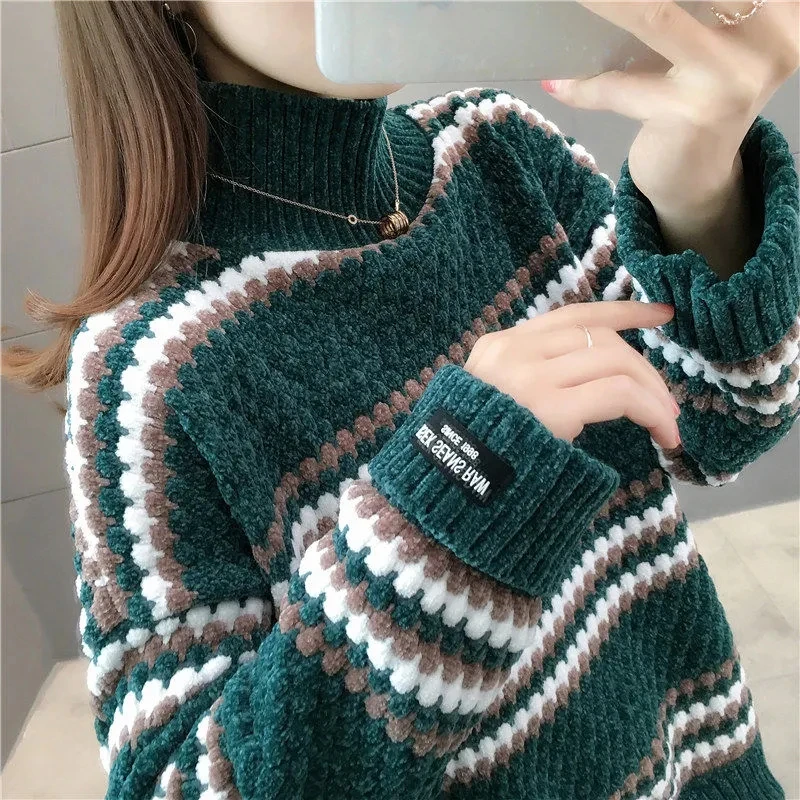 Women's 2025 High-Necked Thick Striped Sweater Autumn Winter New Streetwear Loose Warm Top Chic Knitted Pullovers Sweater Female