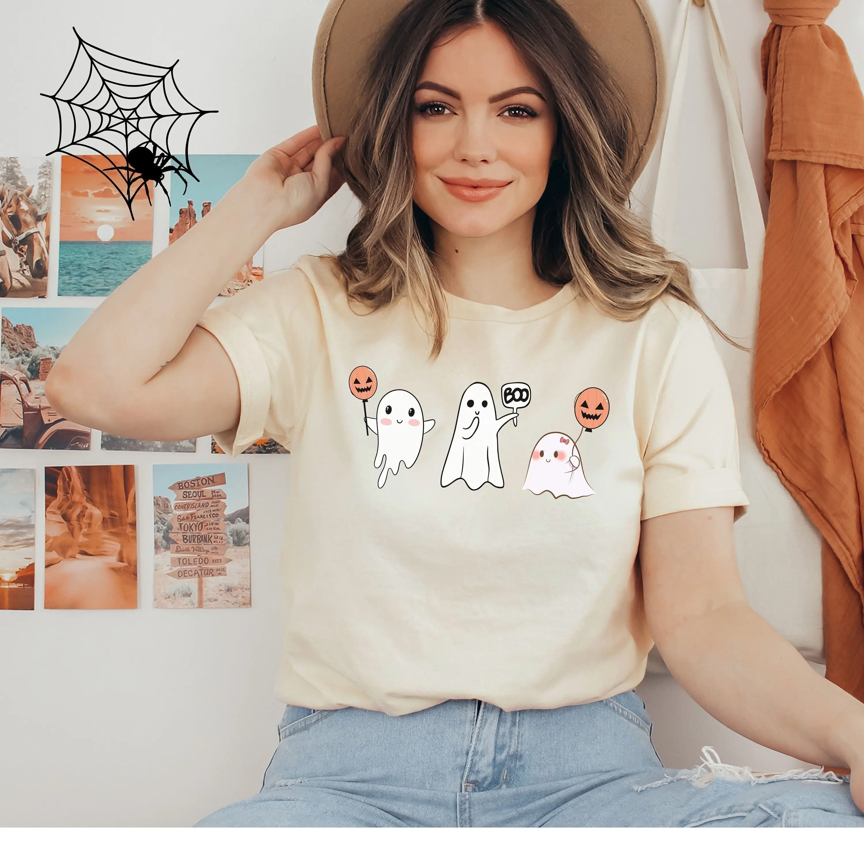 Cute Halloween T Shirt For Women Ghost Boo Spooky Season Oversized Fall And Autumn