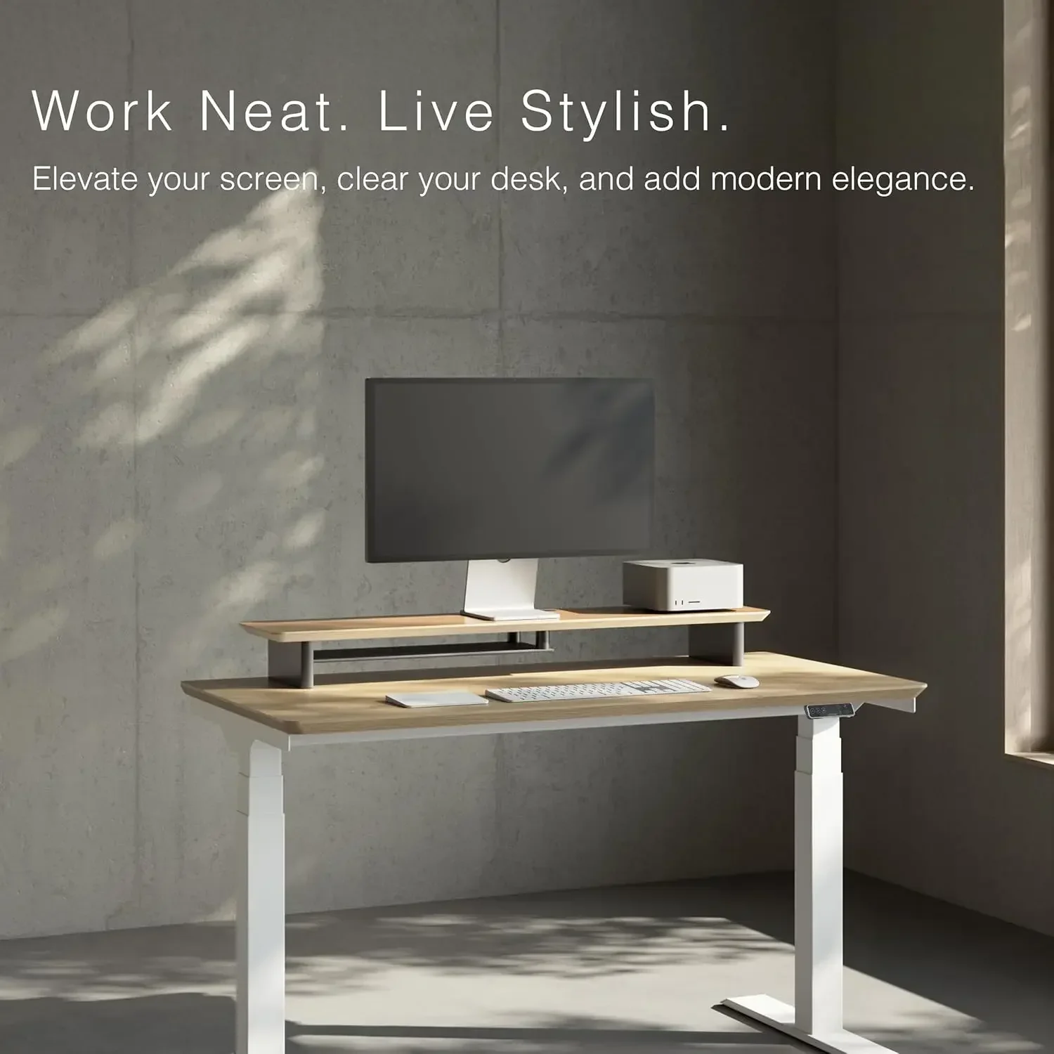 White Oak Dual‑Tier Ergonomic Desk Setup – Modern Wooden Monitor Stand & Workspace Riser, Home Office & Minimalist Aesthetic (Wh