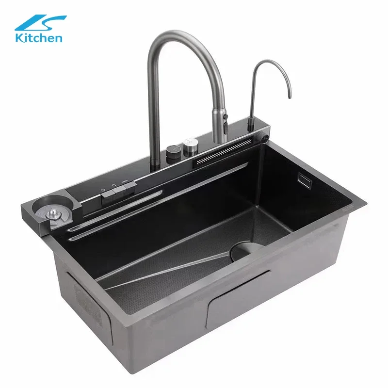 

Multifunction Nano Black Step Kitchen Sink 304 Stainless Steel Handmade Above Mount Waterfall Kitchen Sink