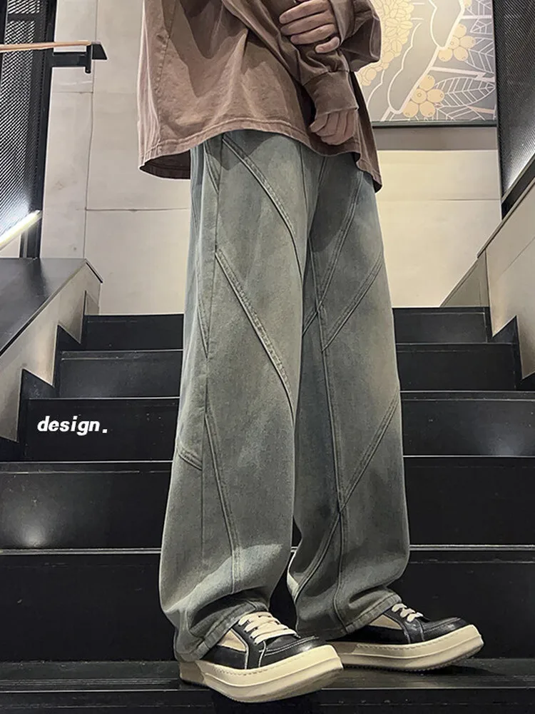 

Trendy Patchwork Men's Casual Design Wide Leg Retro Versatile Faionable Youth Jeans mid Waist Long Pants Straight Tube Loos...