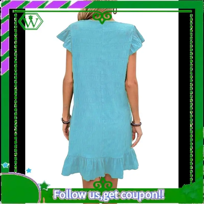 A18P-Summer Dresses For Women V Neck Cap Sleeve Ruffle Hem Smock Short Dress