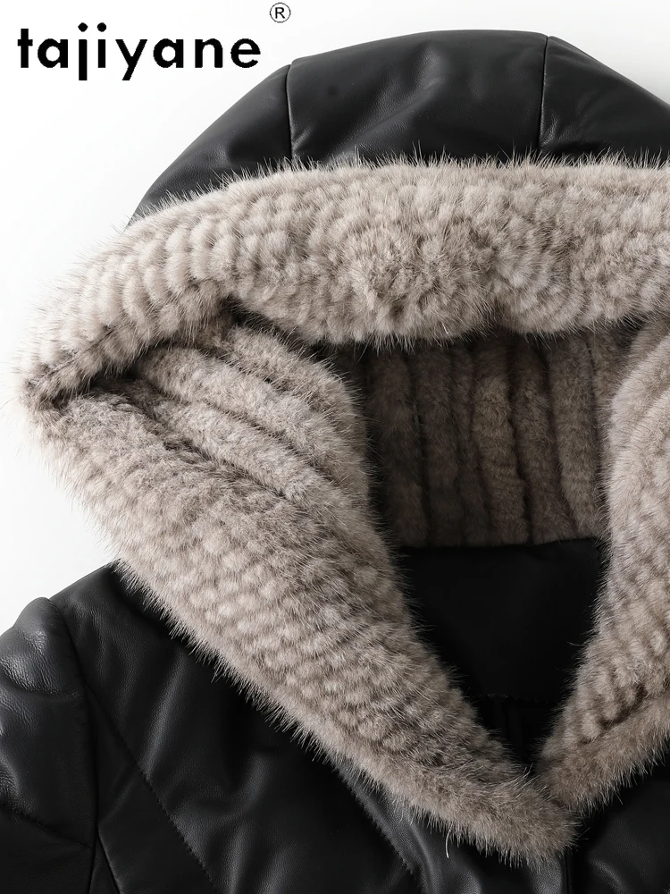 TAJIYANE 100 % genarbter Schaffell-Gänsedaunenmantel, schwarze Echtleder-Pufferjacke für Damen mit Nerzpelzmütze, 2025, Winterkleidung